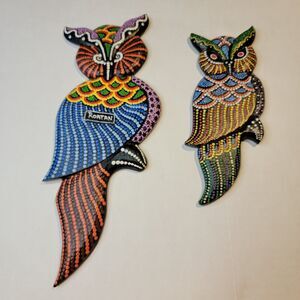 Set of 2 Wooden Owls From Rotan - Hand Painted